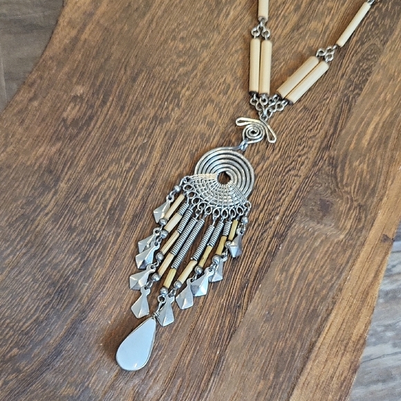 Peruvian Bamboo Tube Bead & Silver Tone Metal Work Jasper Stone Pendant Necklace - Picture 3 of 12